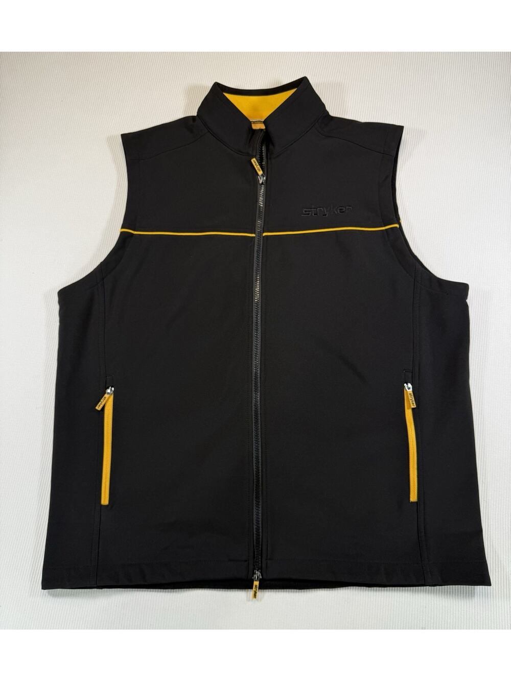 Stryker Mens Large Soft Shell Vest Black Yellow Full Zip Corporate Logo